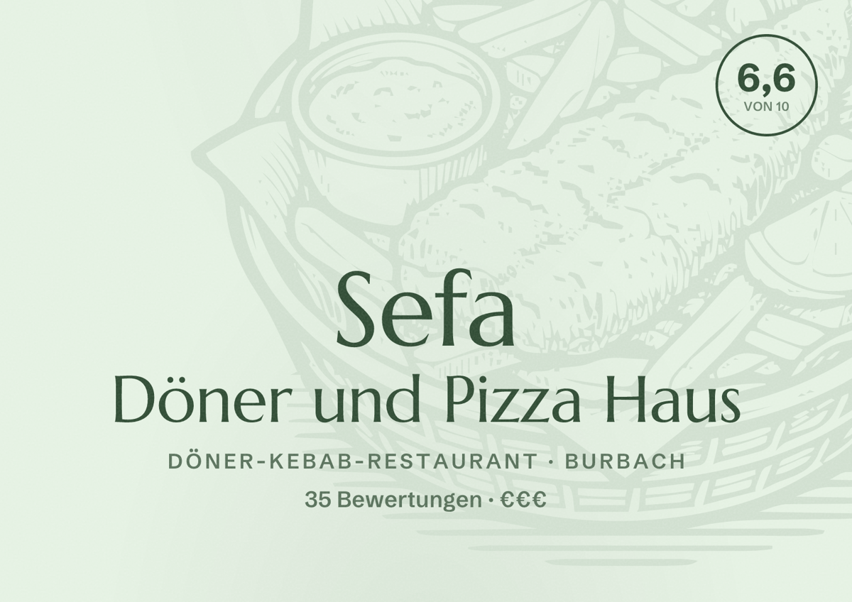 Illustriertes Poster von Sefa Döner und Pizza Haus, Döner-Kebab-Restaurant in Burbach: Bewertung 6,6 von 10 aus 35 Bewertungen, Preisniveau €€€