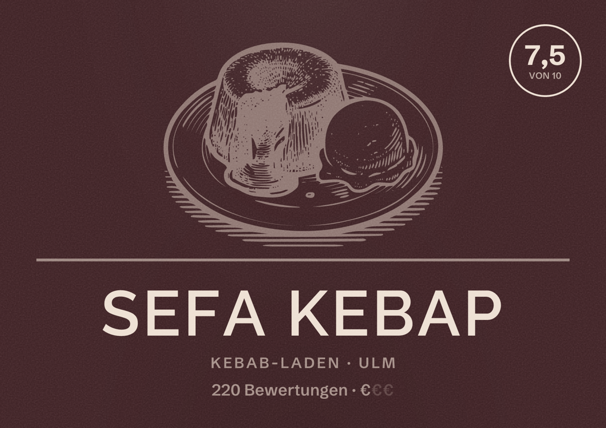Illustriertes Poster von Sefa Kebap, Kebab-Laden in Ulm: Bewertung 7,5 von 10 aus 220 Bewertungen, Preisniveau €