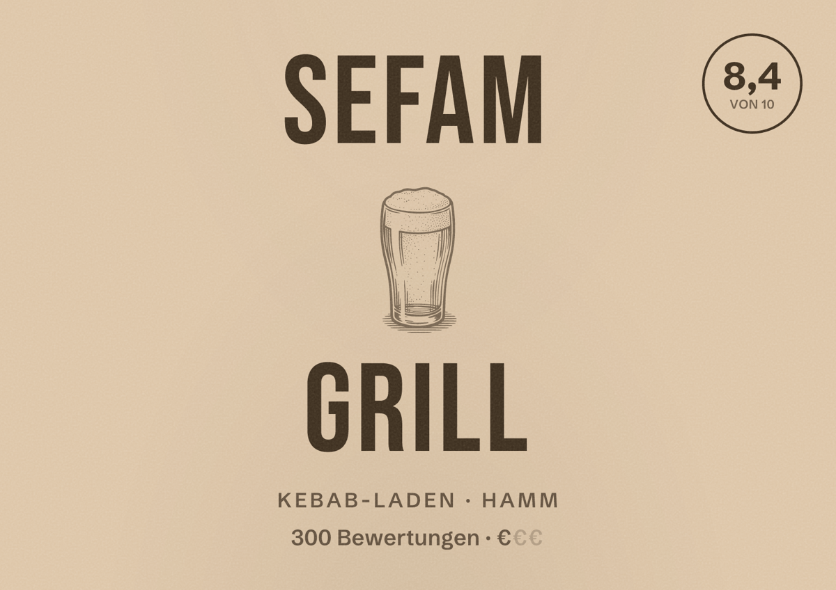 Illustriertes Poster von Sefam Grill, Kebab-Laden in Hamm: Bewertung 8,4 von 10 aus 300 Bewertungen, Preisniveau €