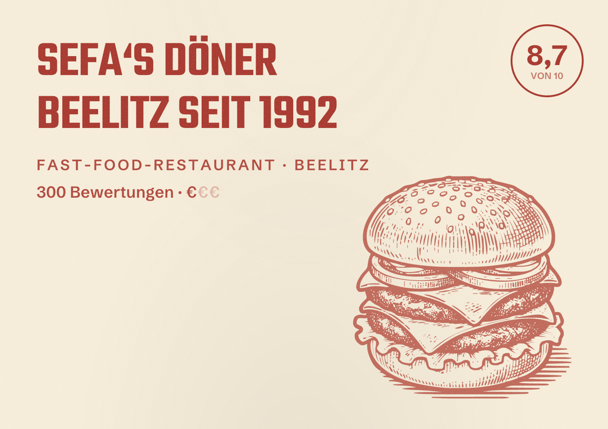 Illustriertes Poster von SEFA‘S DÖNER BEELITZ SEIT 1992, Fast-Food-Restaurant in Beelitz: Bewertung 8,7 von 10 aus 300 Bewertungen, Preisniveau €