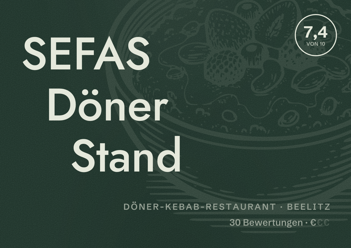 Illustriertes Poster von SEFAS Döner Stand, Döner-Kebab-Restaurant in Beelitz: Bewertung 7,4 von 10 aus 30 Bewertungen, Preisniveau €