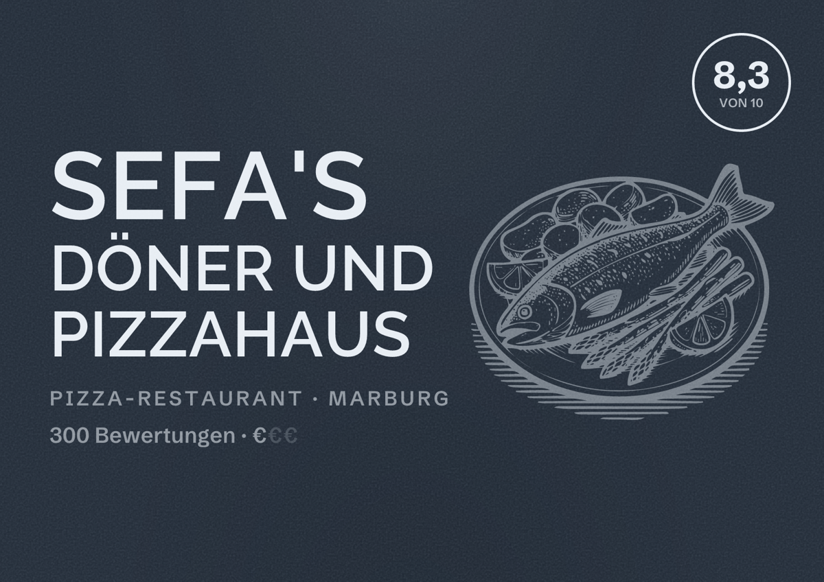 Illustriertes Poster von Sefa's Döner und Pizzahaus, Pizza-Restaurant in Marburg: Bewertung 8,3 von 10 aus 300 Bewertungen, Preisniveau €