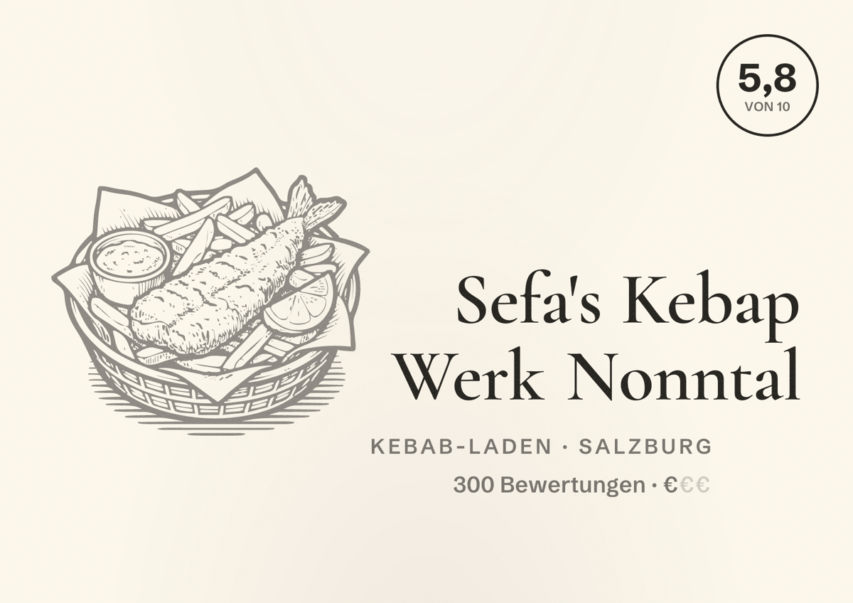 Illustriertes Poster von Sefa's Kebap Werk Nonntal, Kebab-Laden in Salzburg: Bewertung 5,8 von 10 aus 300 Bewertungen, Preisniveau €