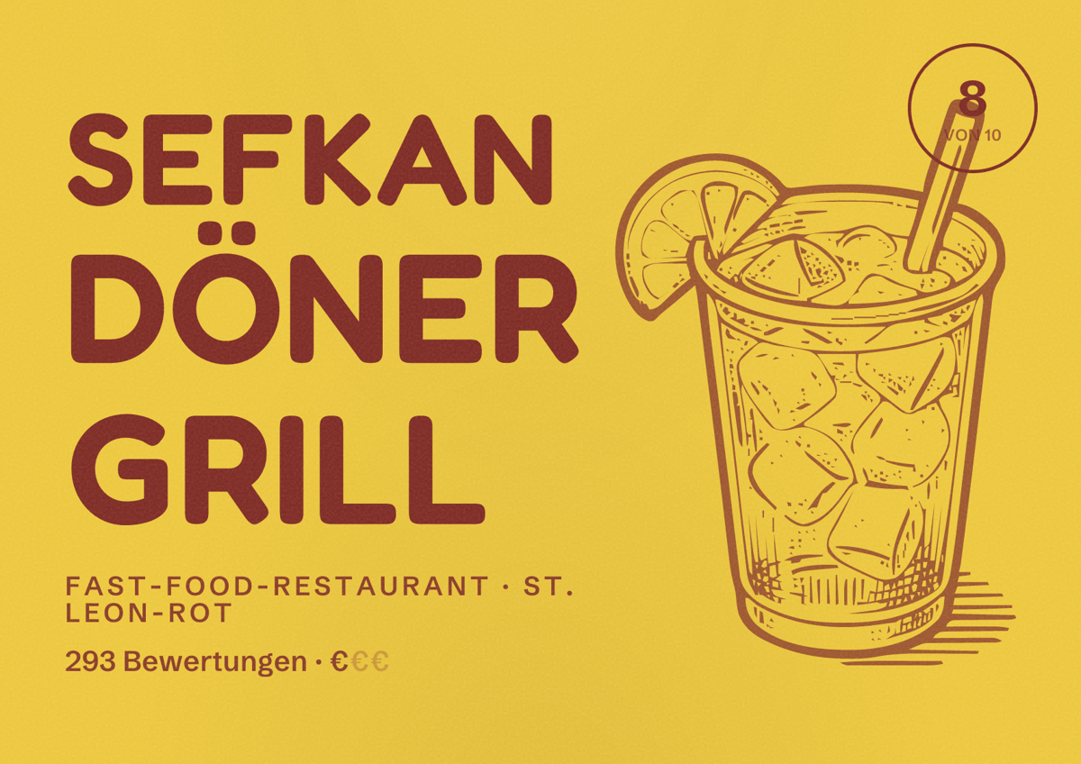 Illustriertes Poster von Sefkan Döner Grill, Fast-Food-Restaurant in St. Leon-Rot: Bewertung 8 von 10 aus 293 Bewertungen, Preisniveau €