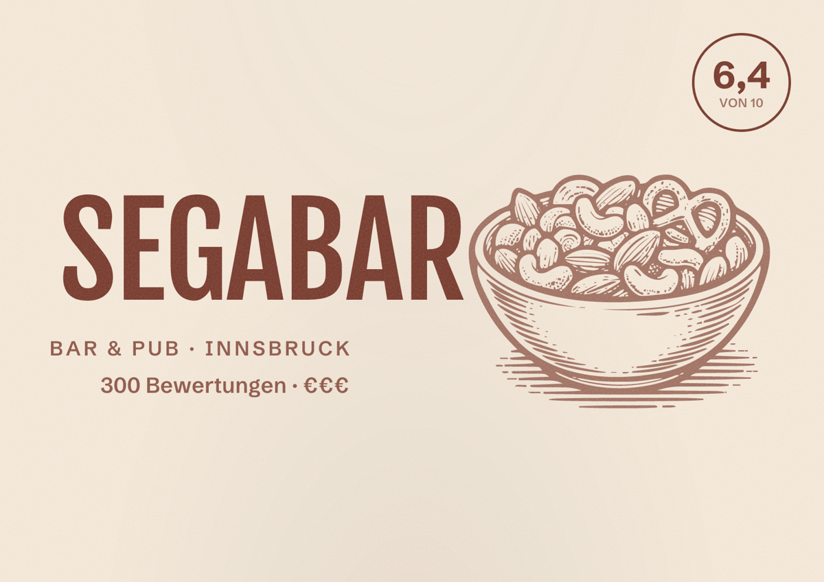 Illustriertes Poster von SEGABAR, Bar & Pub in Innsbruck: Bewertung 6,4 von 10 aus 300 Bewertungen, Preisniveau €€€