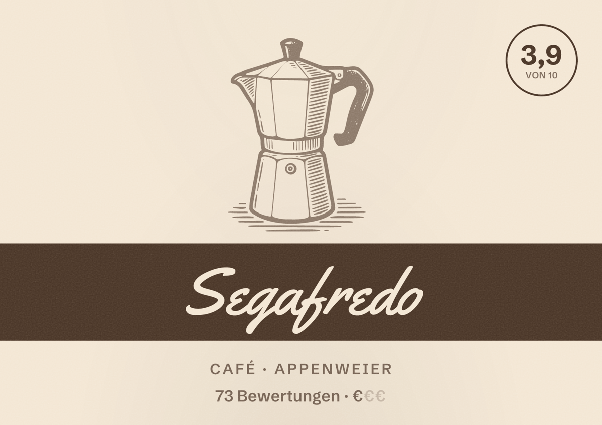 Illustriertes Poster von Segafredo, Café in Appenweier: Bewertung 3,9 von 10 aus 73 Bewertungen, Preisniveau €