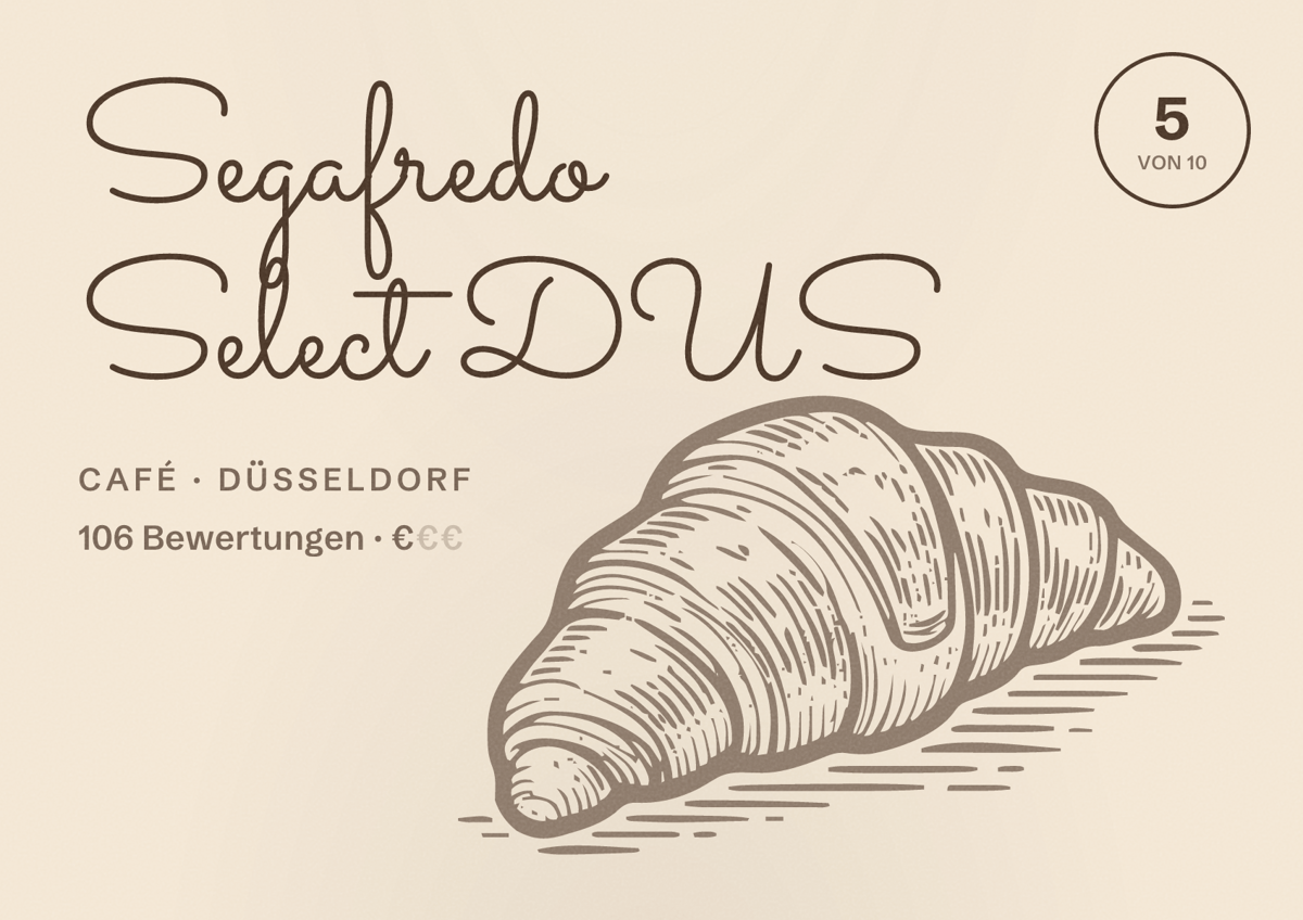 Illustriertes Poster von Segafredo Select DUS, Café in Düsseldorf: Bewertung 5,0 von 10 aus 106 Bewertungen, Preisniveau €