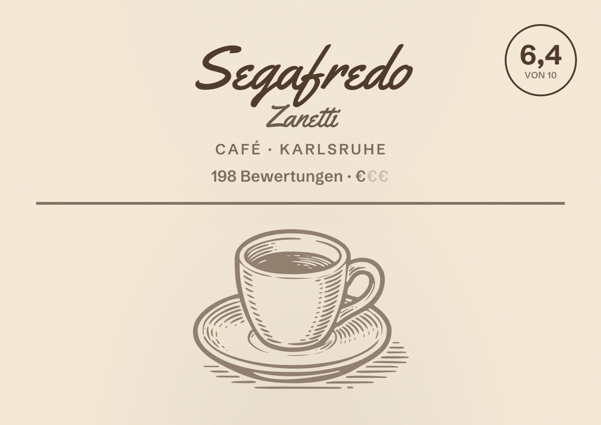 Illustriertes Poster von Segafredo Zanetti, Café in Karlsruhe: Bewertung 6,4 von 10 aus 198 Bewertungen, Preisniveau €