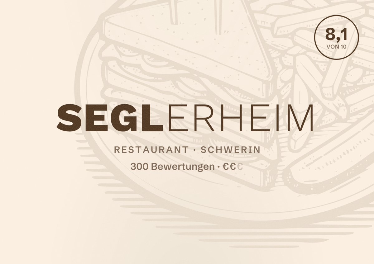 Illustriertes Poster von Seglerheim, Restaurant in Schwerin: Bewertung 8,1 von 10 aus 300 Bewertungen, Preisniveau €€
