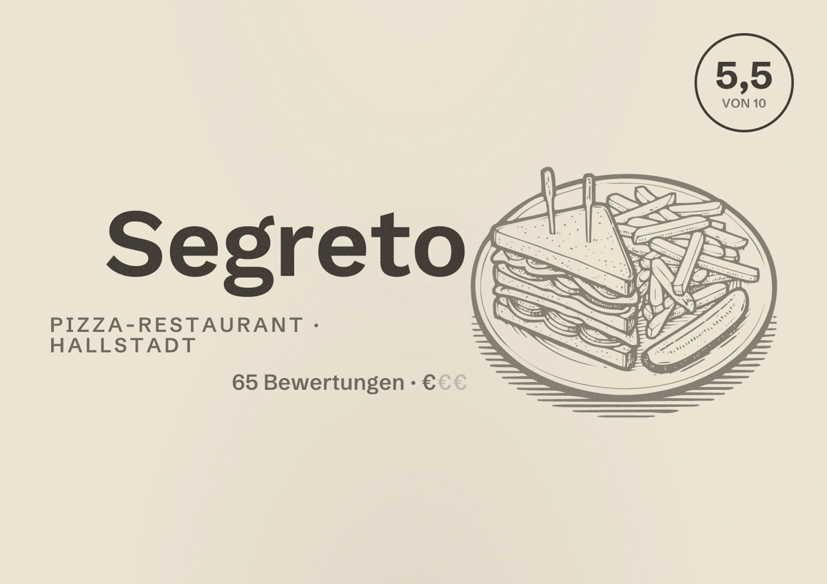 Illustriertes Poster von Segreto, Pizza-Restaurant in Hallstadt: Bewertung 5,5 von 10 aus 65 Bewertungen, Preisniveau €