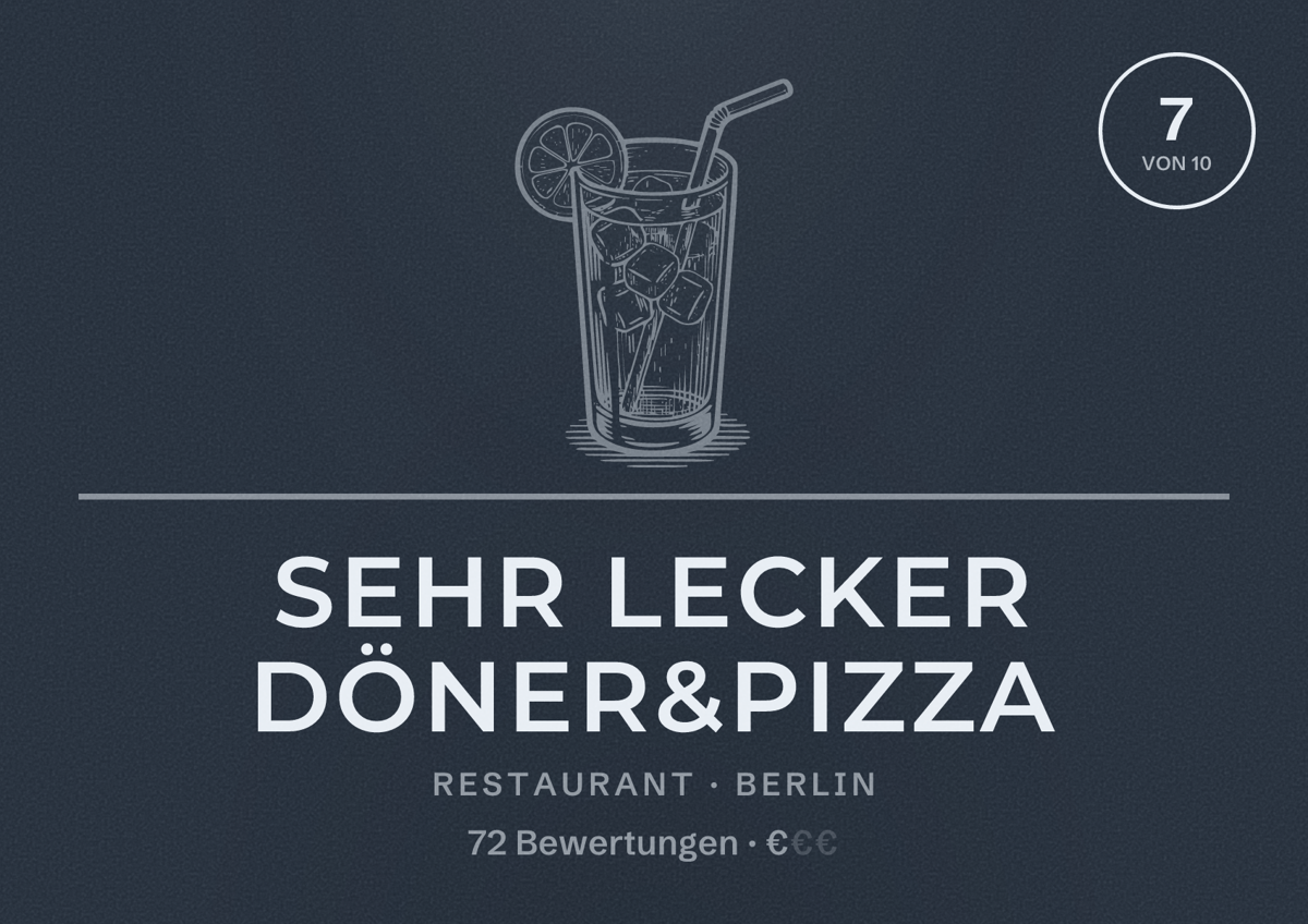Illustriertes Poster von Sehr Lecker Döner&Pizza, Restaurant in Berlin: Bewertung 7,0 von 10 aus 72 Bewertungen, Preisniveau €