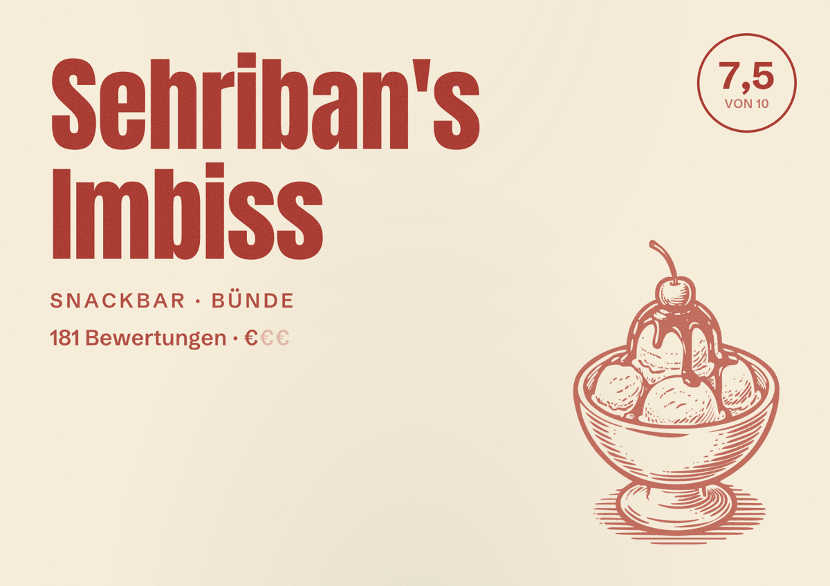 Illustriertes Poster von Sehriban's Imbiss, Snackbar in Bünde: Bewertung 7,5 von 10 aus 181 Bewertungen, Preisniveau €