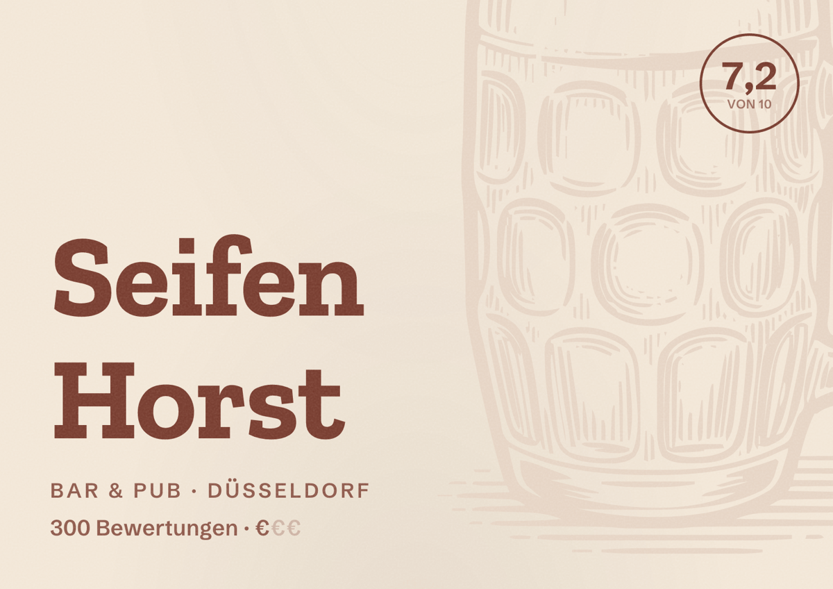 Illustriertes Poster von Seifen Horst, Bar & Pub in Düsseldorf: Bewertung 7,2 von 10 aus 300 Bewertungen, Preisniveau €