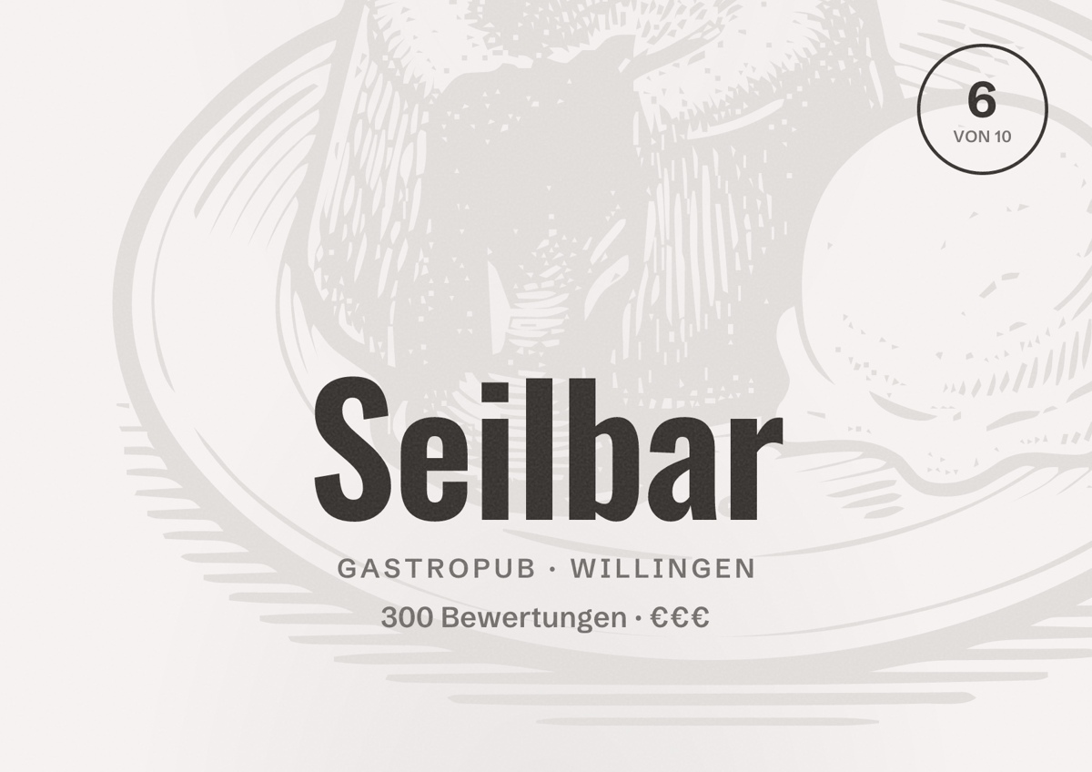 Illustriertes Poster von Seilbar, Gastropub in Willingen: Bewertung 6 von 10 aus 300 Bewertungen, Preisniveau €€€