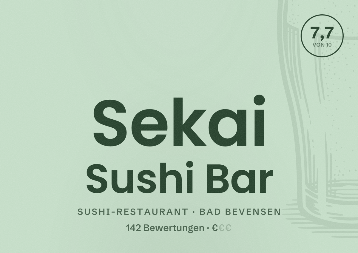 Illustriertes Poster von Sekai Sushi Bar, Sushi-Restaurant in Bad Bevensen: Bewertung 7,7 von 10 aus 142 Bewertungen, Preisniveau €