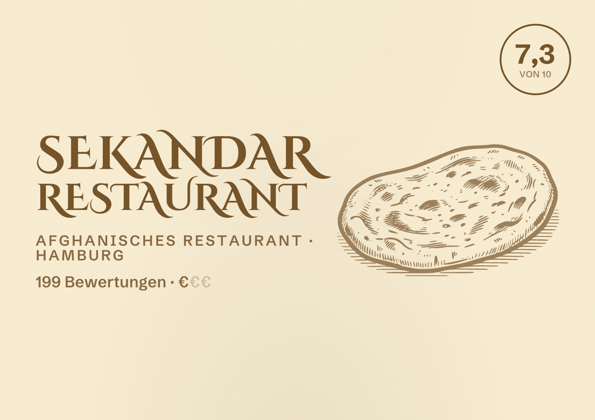 Illustriertes Poster von Sekandar Restaurant, Afghanisches Restaurant in Hamburg: Bewertung 7,3 von 10 aus 199 Bewertungen, Preisniveau €