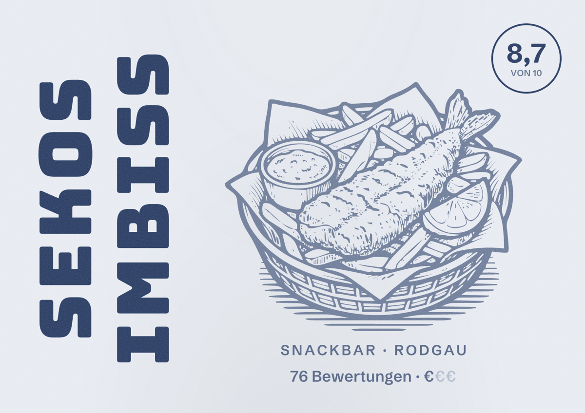 Illustriertes Poster von Sekos Imbiss, Snackbar in Rodgau: Bewertung 8,7 von 10 aus 76 Bewertungen, Preisniveau €