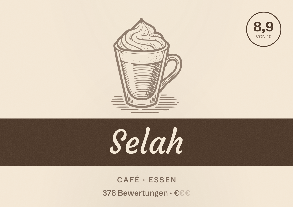 Illustriertes Poster von Selah, Café in Essen: Bewertung 8,9 von 10 aus 378 Bewertungen, Preisniveau €