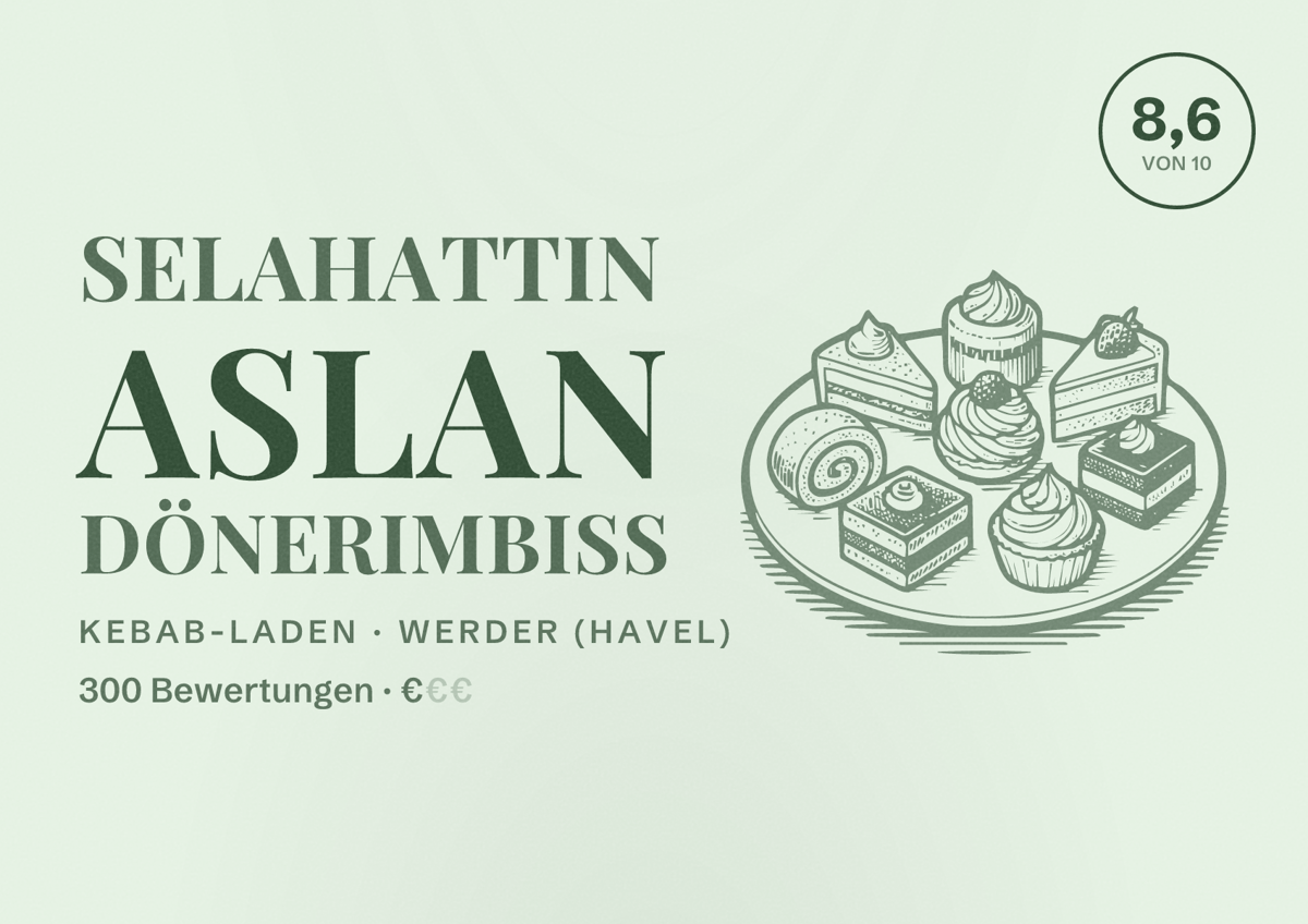 Illustriertes Poster von Selahattin Aslan Dönerimbiss, Kebab-Laden in Werder (Havel): Bewertung 8,6 von 10 aus 300 Bewertungen, Preisniveau €