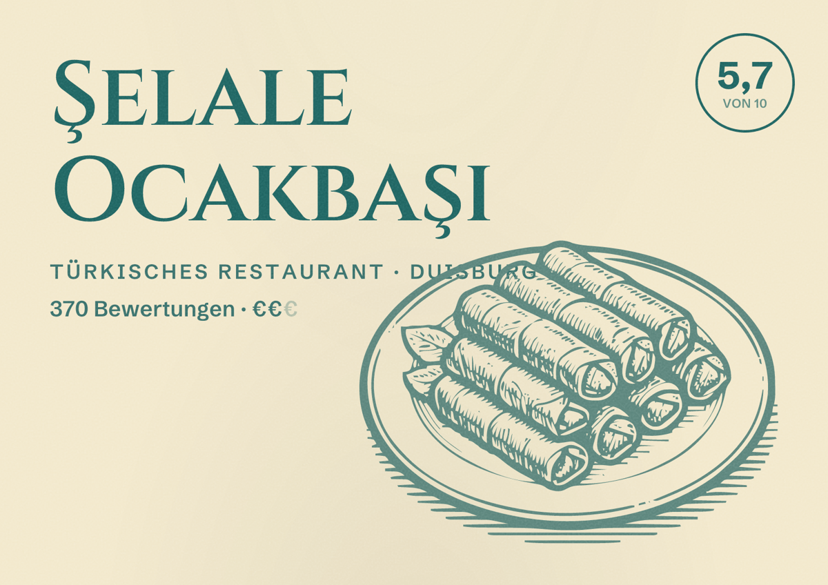 Illustriertes Poster von Şelale Ocakbaşı, Türkisches Restaurant in Duisburg: Bewertung 5,7 von 10 aus 370 Bewertungen, Preisniveau €€