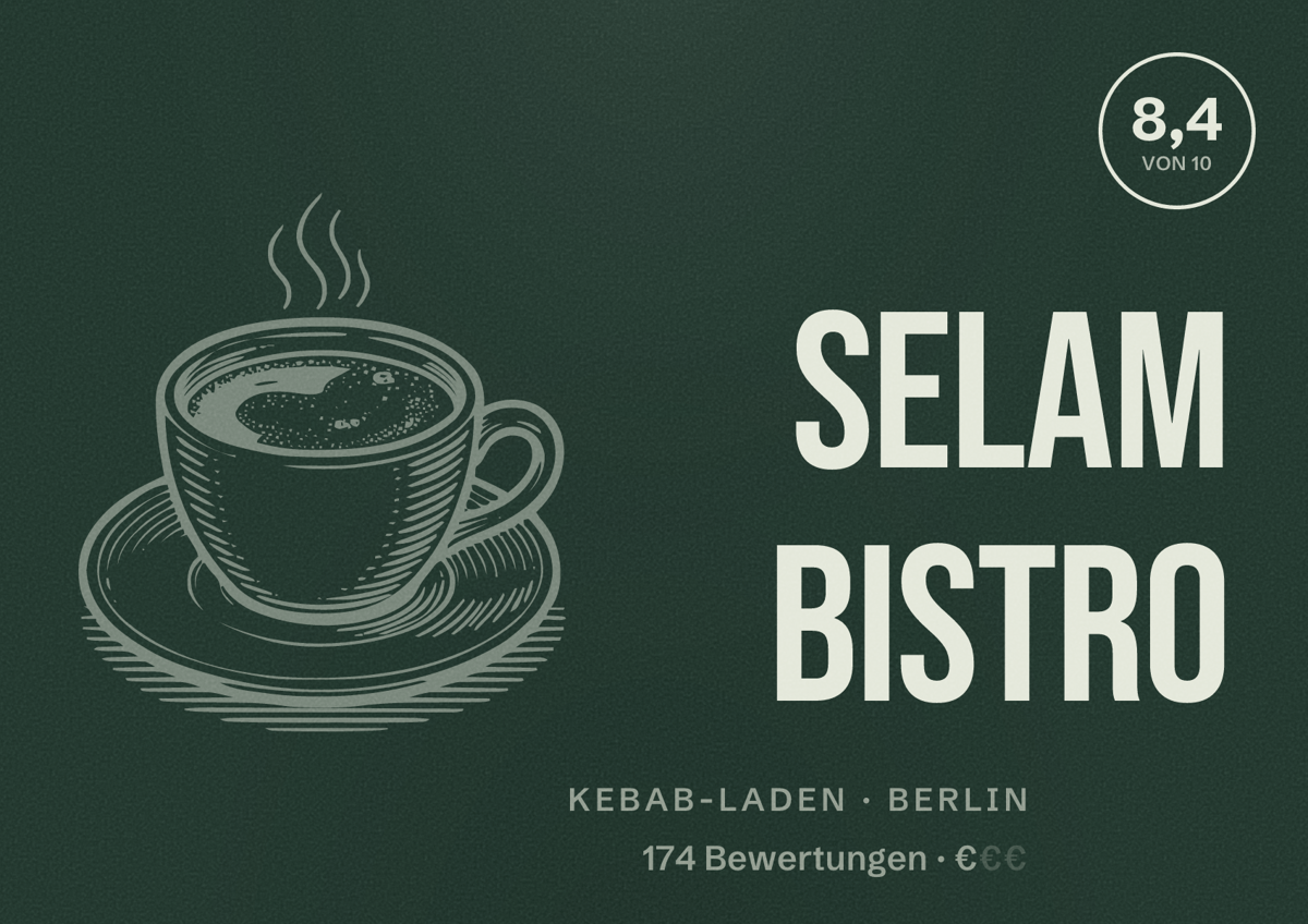 Illustriertes Poster von Selam Bistro, Kebab-Laden in Berlin: Bewertung 8,4 von 10 aus 174 Bewertungen, Preisniveau €