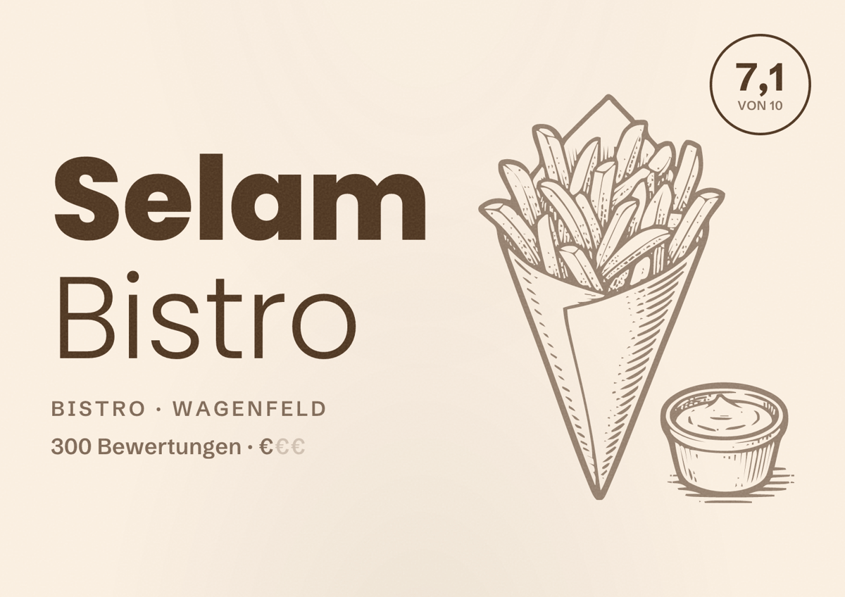 Illustriertes Poster von Selam Bistro, Bistro in Wagenfeld: Bewertung 7,1 von 10 aus 300 Bewertungen, Preisniveau €