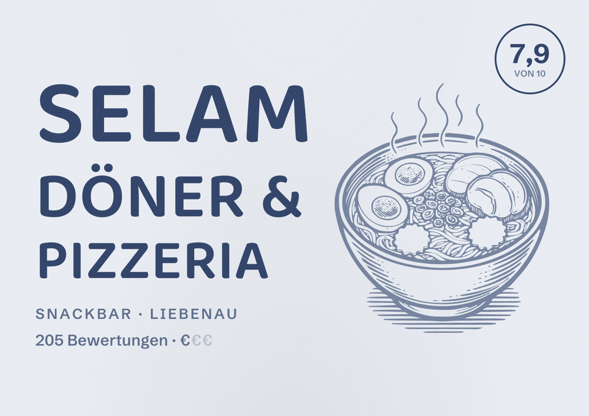 Illustriertes Poster von Selam Döner & Pizzeria, Snackbar in Liebenau: Bewertung 7,9 von 10 aus 205 Bewertungen, Preisniveau €