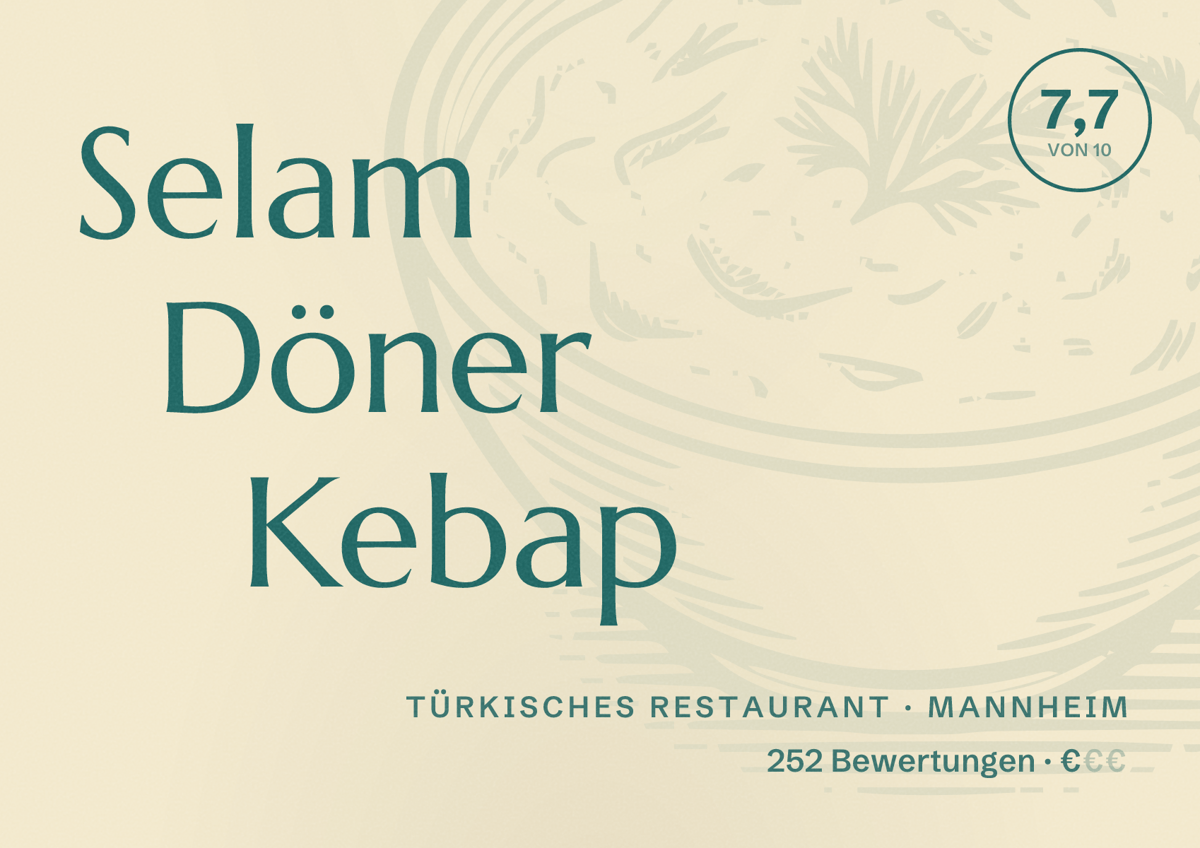 Illustriertes Poster von Selam Döner Kebap, Türkisches Restaurant in Mannheim: Bewertung 7,7 von 10 aus 252 Bewertungen, Preisniveau €