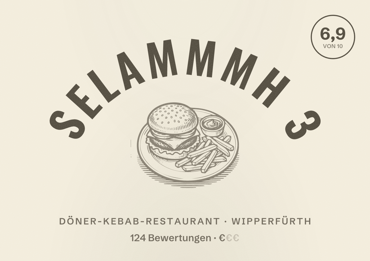 Illustriertes Poster von Selammmh 3, Döner-Kebab-Restaurant in Wipperfürth: Bewertung 6,9 von 10 aus 124 Bewertungen, Preisniveau €