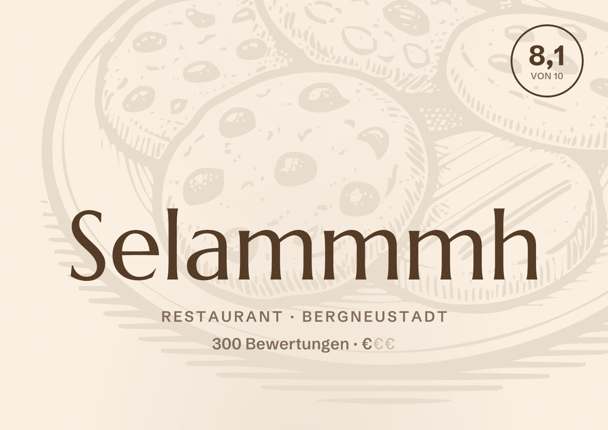 Illustriertes Poster von Selammmh, Restaurant in Bergneustadt: Bewertung 8,1 von 10 aus 300 Bewertungen, Preisniveau €