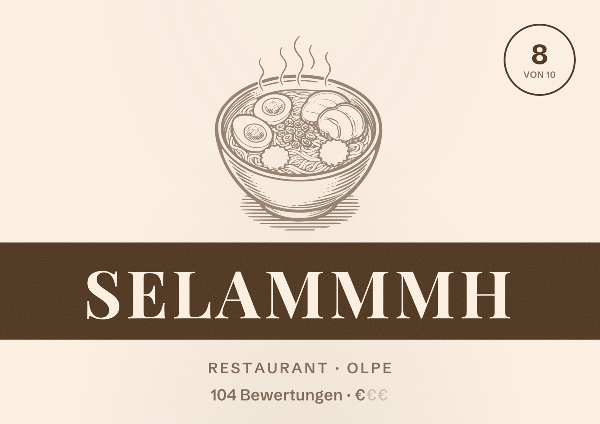 Illustriertes Poster von Selammmh, Restaurant in Olpe: Bewertung 8 von 10 aus 104 Bewertungen, Preisniveau €