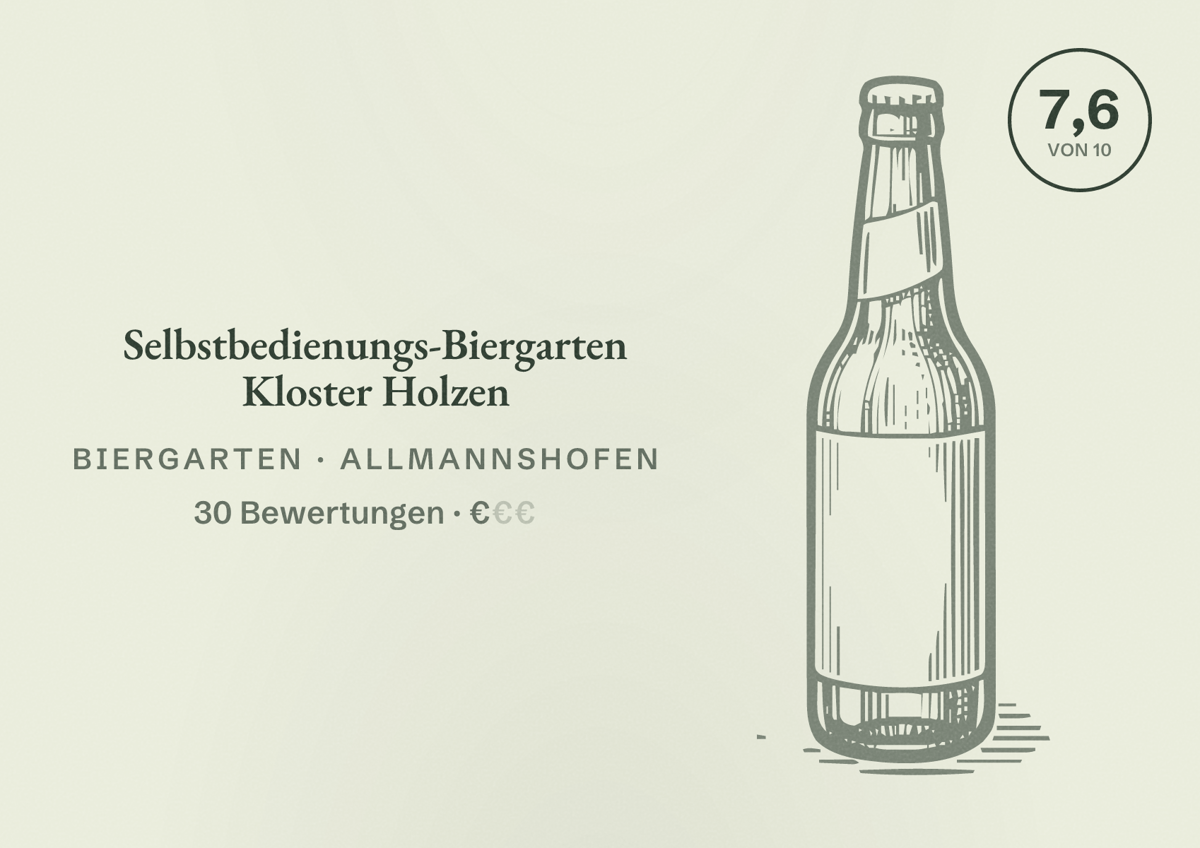 Illustriertes Poster von Selbstbedienungs-Biergarten Kloster Holzen, Biergarten in Allmannshofen: Bewertung 7,6 von 10 aus 30 Bewertungen, Preisniveau €