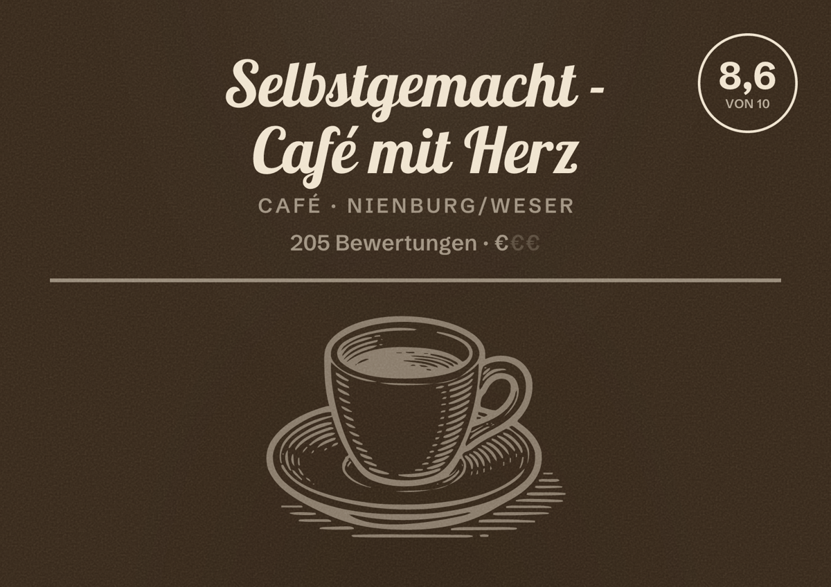 Illustriertes Poster von Selbstgemacht - Café mit Herz, Café in Nienburg/Weser: Bewertung 8,6 von 10 aus 205 Bewertungen, Preisniveau €