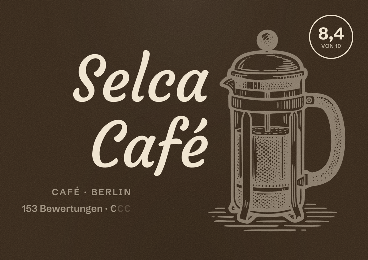 Illustriertes Poster von Selca Café, Café in Berlin: Bewertung 8,4 von 10 aus 153 Bewertungen, Preisniveau €