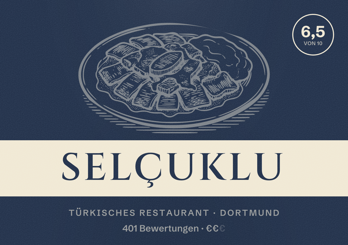 Illustriertes Poster von Selçuklu, Türkisches Restaurant in Dortmund: Bewertung 6,5 von 10 aus 401 Bewertungen, Preisniveau €€