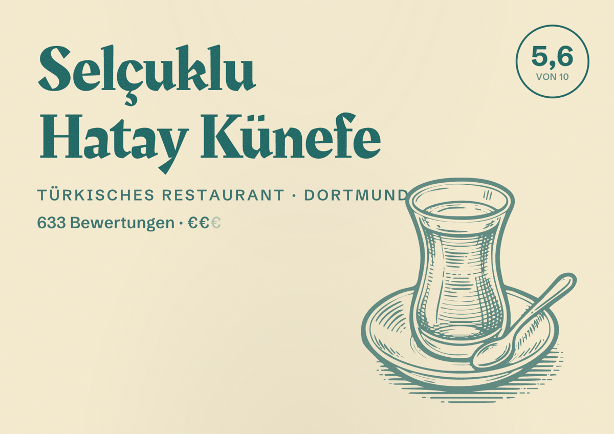 Illustriertes Poster von Selçuklu Hatay Künefe, Türkisches Restaurant in Dortmund: Bewertung 5,6 von 10 aus 633 Bewertungen, Preisniveau €€