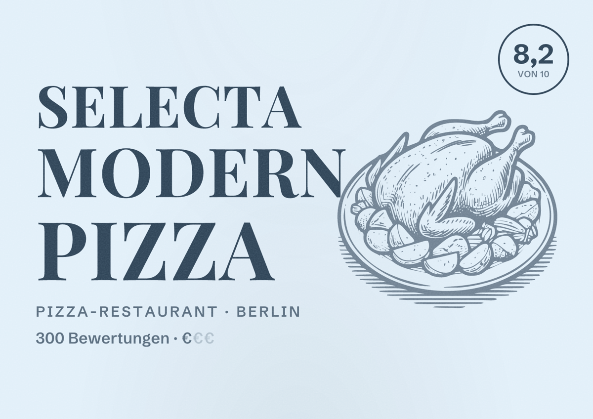 Illustriertes Poster von Selecta Modern Pizza, Pizza-Restaurant in Berlin: Bewertung 8,2 von 10 aus 300 Bewertungen, Preisniveau €