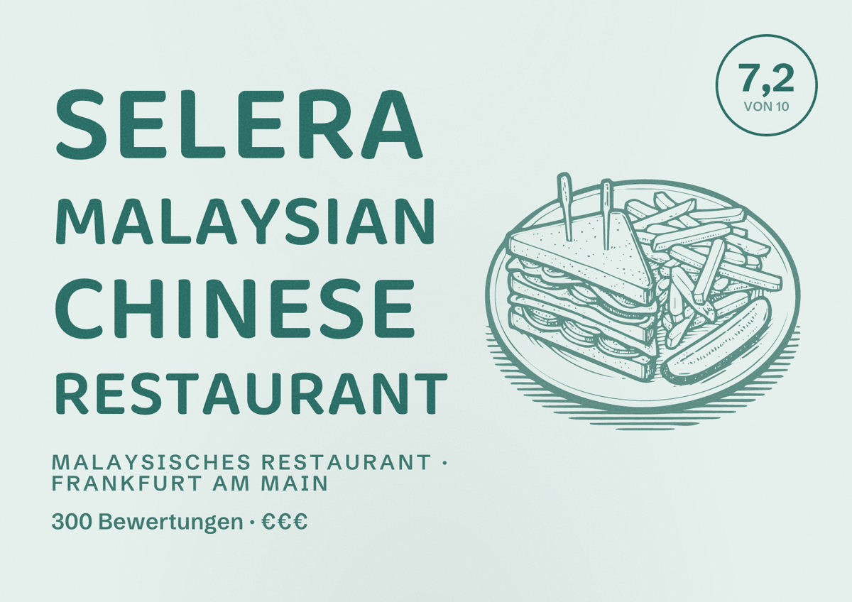 Illustriertes Poster von Selera Malaysian Chinese Restaurant, Malaysisches Restaurant in Frankfurt am Main: Bewertung 7,2 von 10 aus 300 Bewertungen, Preisniveau €€€