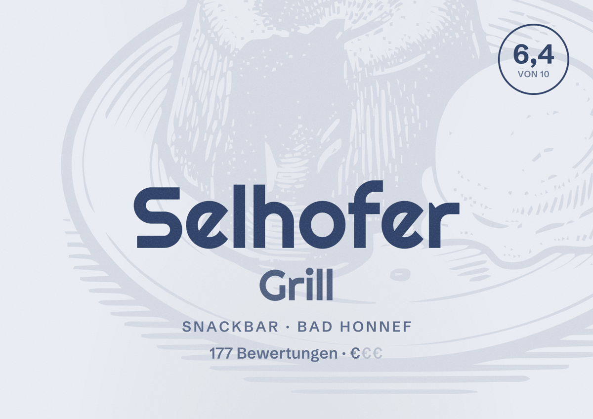 Illustriertes Poster von Selhofer Grill, Snackbar in Bad Honnef: Bewertung 6,4 von 10 aus 177 Bewertungen, Preisniveau €