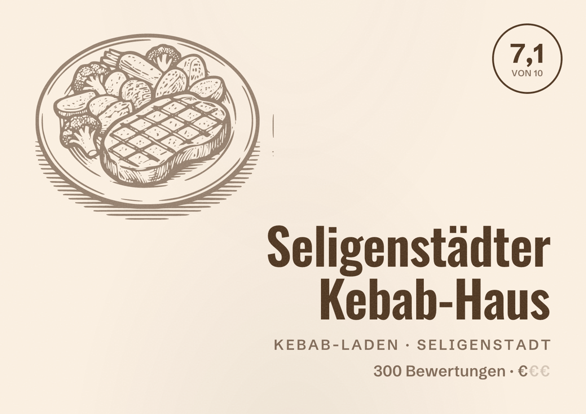 Illustriertes Poster von Seligenstädter Kebab-Haus, Kebab-Laden in Seligenstadt: Bewertung 7,1 von 10 aus 300 Bewertungen, Preisniveau €