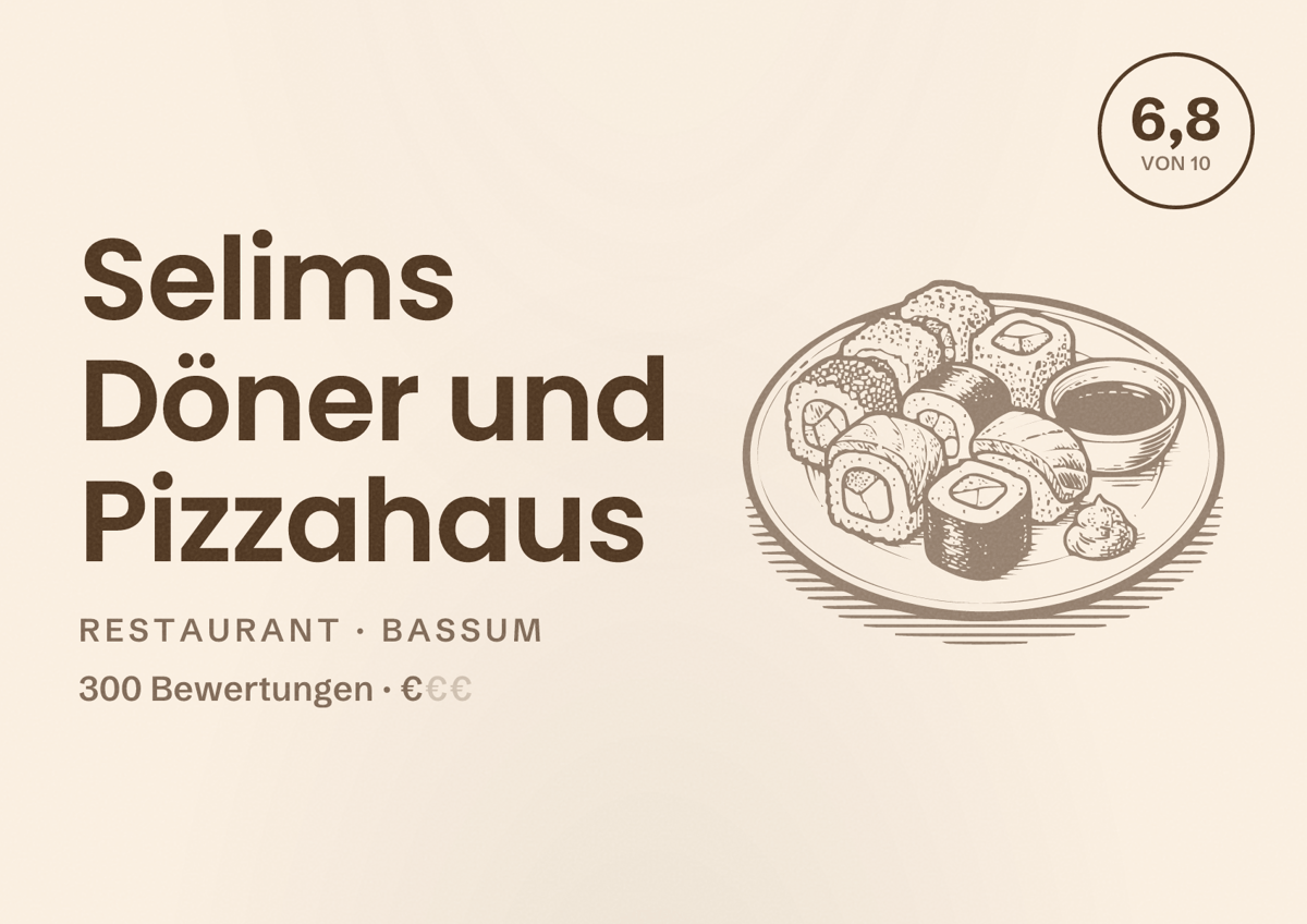Illustriertes Poster von Selims Döner und Pizzahaus, Restaurant in Bassum: Bewertung 6,8 von 10 aus 300 Bewertungen, Preisniveau €