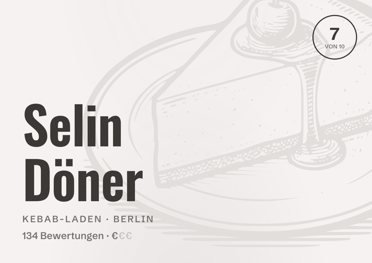 Illustriertes Poster von Selin Döner, Kebab-Laden in Berlin: Bewertung 7 von 10 aus 134 Bewertungen, Preisniveau €