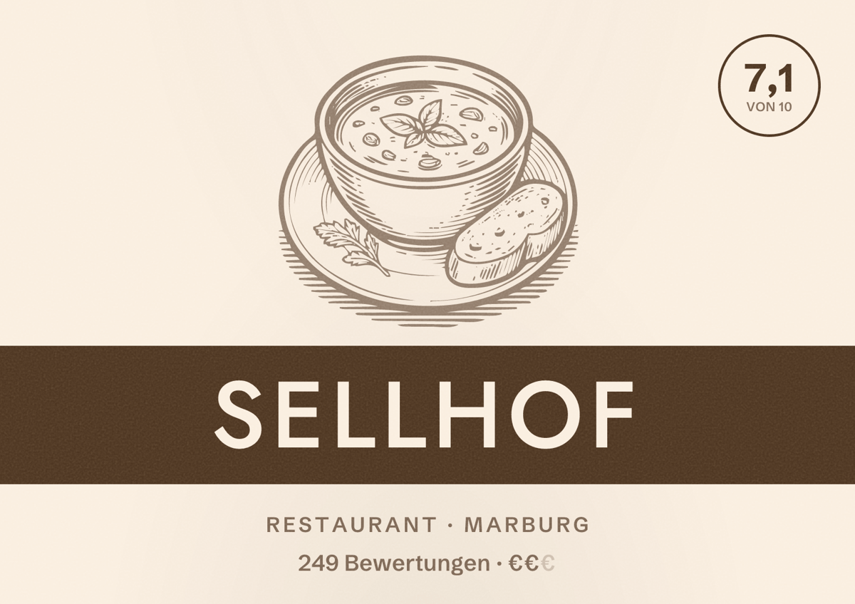 Illustriertes Poster von Sellhof, Restaurant in Marburg: Bewertung 7,1 von 10 aus 249 Bewertungen, Preisniveau €€