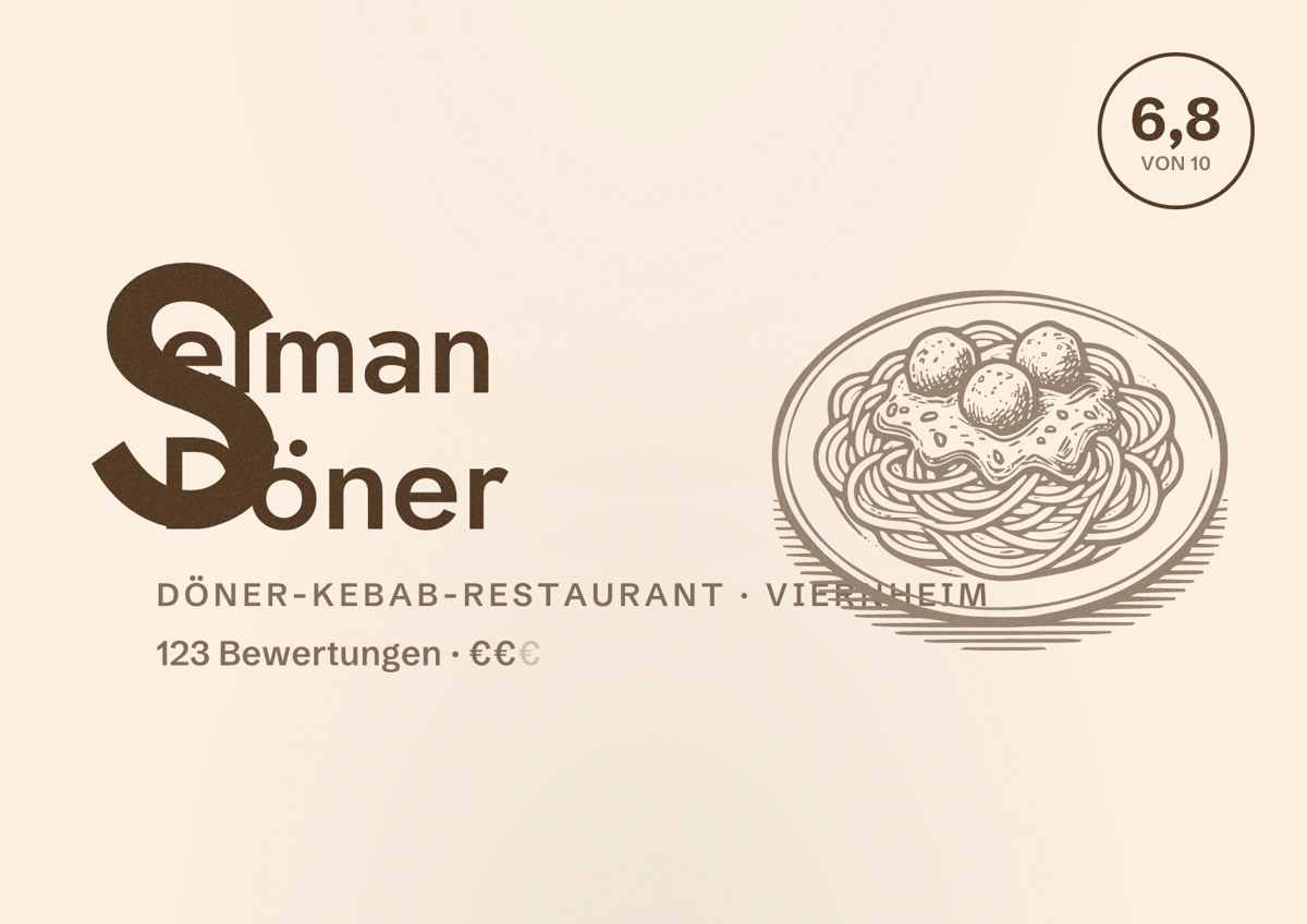 Illustriertes Poster von Selman Döner, Döner-Kebab-Restaurant in Viernheim: Bewertung 6,8 von 10 aus 123 Bewertungen, Preisniveau €€