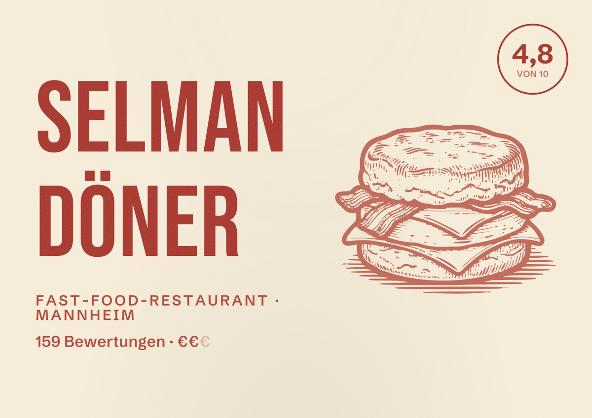 Illustriertes Poster von Selman Döner, Fast-Food-Restaurant in Mannheim: Bewertung 4,8 von 10 aus 159 Bewertungen, Preisniveau €€
