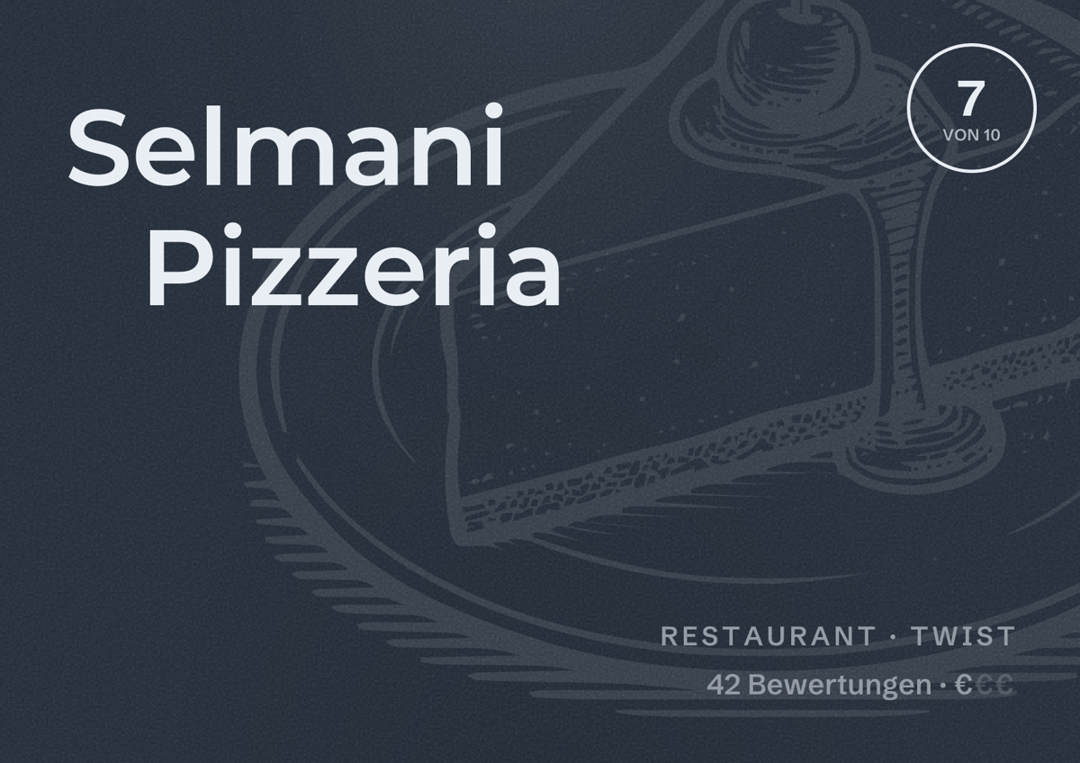 Illustriertes Poster von Selmani Pizzeria, Restaurant in Twist: Bewertung 7 von 10 aus 42 Bewertungen, Preisniveau €