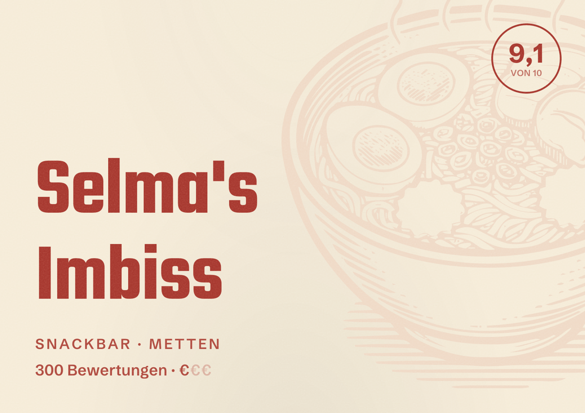 Illustriertes Poster von Selma's Imbiss, Snackbar in Metten: Bewertung 9,1 von 10 aus 300 Bewertungen, Preisniveau €