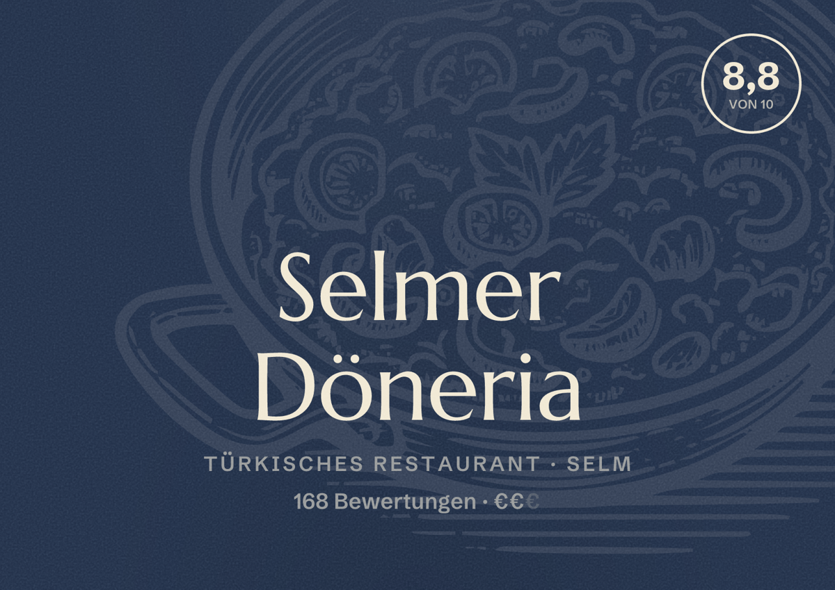 Illustriertes Poster von Selmer Döneria, Türkisches Restaurant in Selm: Bewertung 8,8 von 10 aus 168 Bewertungen, Preisniveau €€