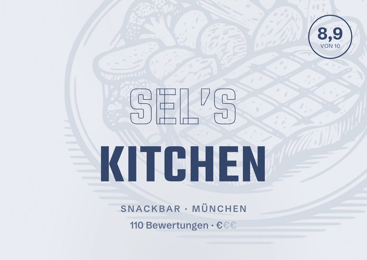 Illustriertes Poster von Sel’s Kitchen, Snackbar in München: Bewertung 8,9 von 10 aus 110 Bewertungen, Preisniveau €