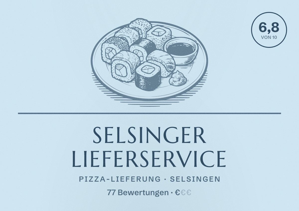 Illustriertes Poster von Selsinger Lieferservice, Pizza-Lieferung in Selsingen: Bewertung 6,8 von 10 aus 77 Bewertungen, Preisniveau €